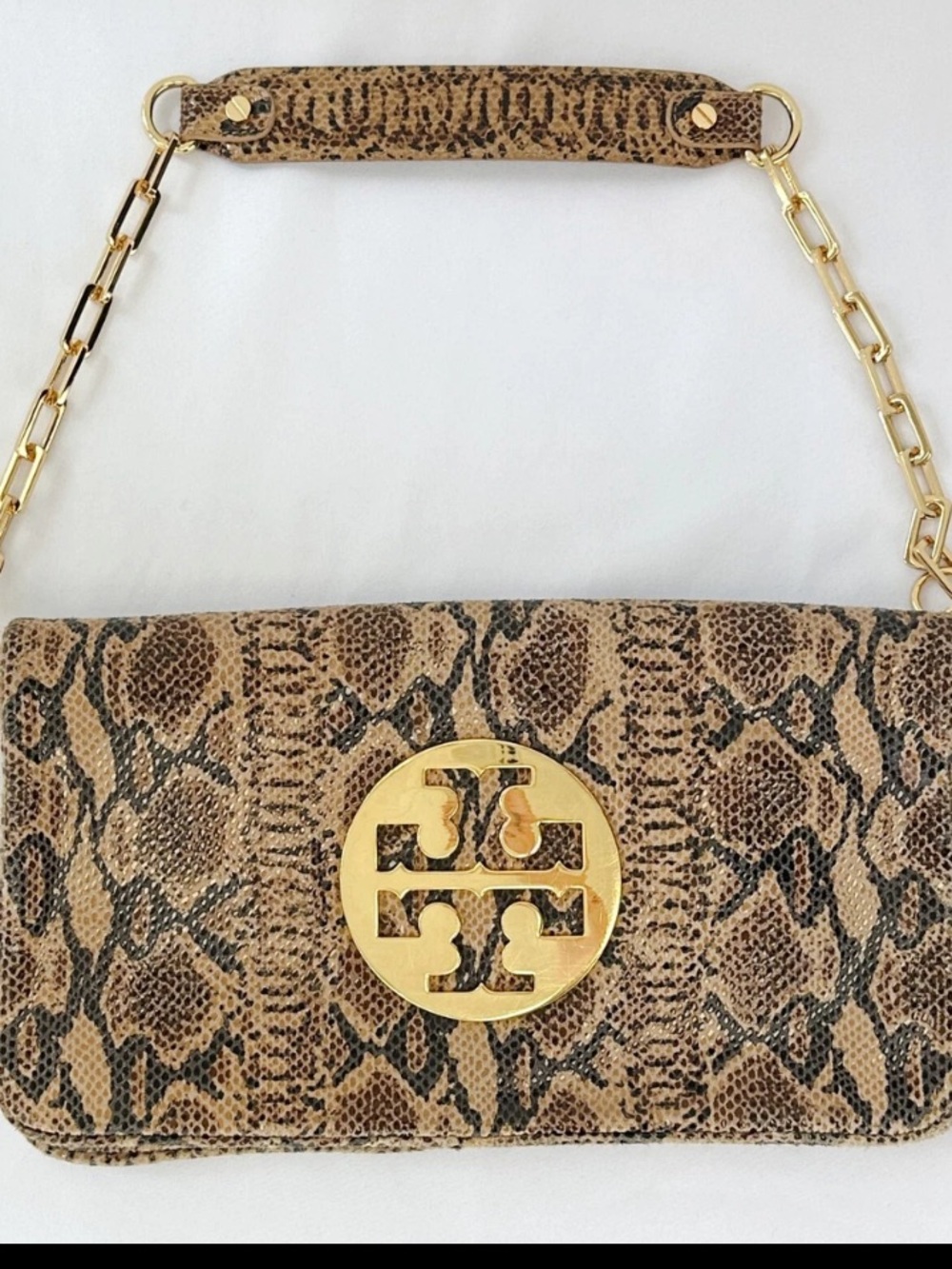 Tory Burch Python-Print Reva Clutch in Beige and Brown with Gold Logo
